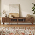 76 TV Stand for TVs up to 85 Inches, Modern Minimal Glass-Doors TV Stand with Storage Cabinets, Wood-Grain Entertainment Center