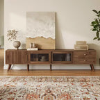 76 TV Stand for TVs up to 85 Inches, Modern Minimal Glass-Doors TV Stand with Storage Cabinets, Wood-Grain Entertainment Center