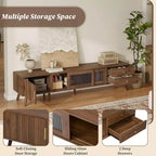 Meuble TV 76" pour téléviseurs jusqu'à 85 pouces, meuble TV moderne et minimaliste avec portes en verre et armoires de rangement, centre de divertissement aspect bois