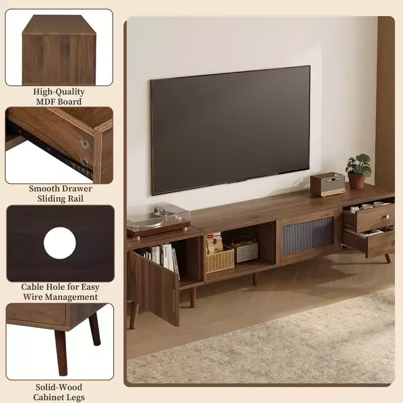 Meuble TV 76" pour téléviseurs jusqu'à 85 pouces, meuble TV moderne et minimaliste avec portes en verre et armoires de rangement, centre de divertissement aspect bois