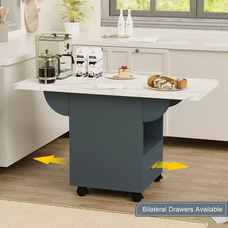 Table îlot de cuisine pliable avec roulettes, plateau effet marbre, tiroir de rangement et étagère, 227 kg