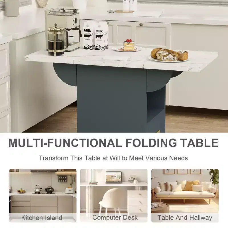 Table îlot de cuisine pliable avec roulettes, plateau effet marbre, tiroir de rangement et étagère, 227 kg