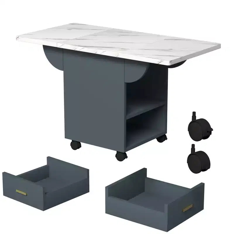 Table îlot de cuisine pliable avec roulettes, plateau effet marbre, tiroir de rangement et étagère, 227 kg