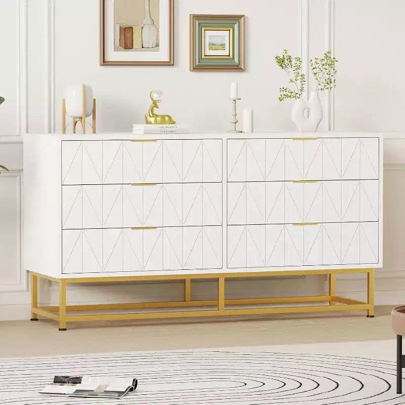 Commode à 6 tiroirs avec grand rangement, Organisateur de commode en bois avec pieds en métal, Commodes et chiffonniers pour Chambre, Salon, Couloir