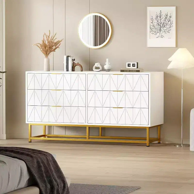 Commode à 6 tiroirs avec grand rangement, Organisateur de commode en bois avec pieds en métal, Commodes et chiffonniers pour Chambre, Salon, Couloir