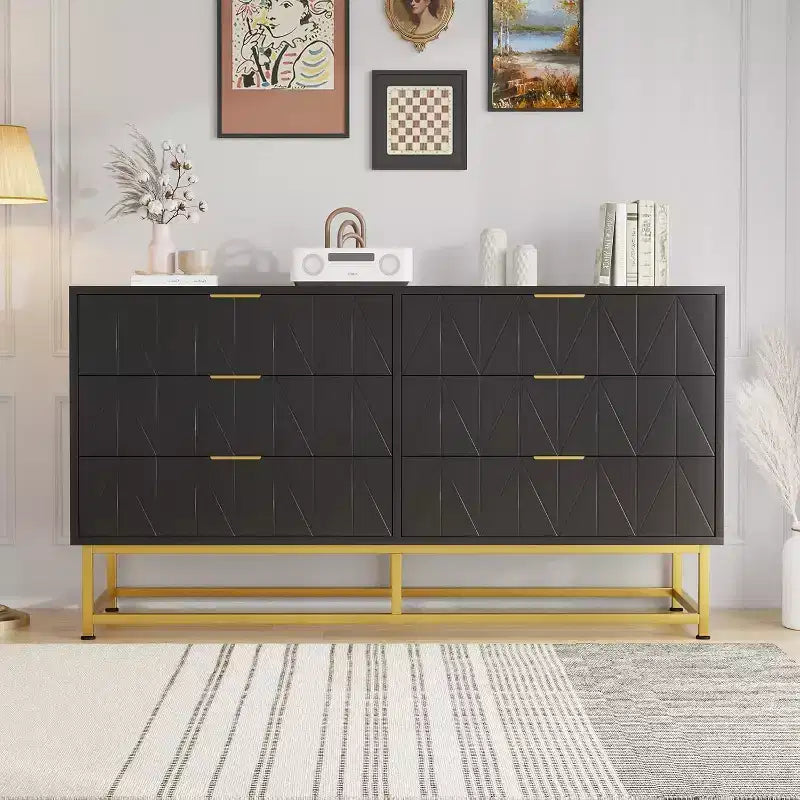 Commode à 6 tiroirs avec grand rangement, Organisateur de commode en bois avec pieds en métal, Commodes et chiffonniers pour Chambre, Salon, Couloir