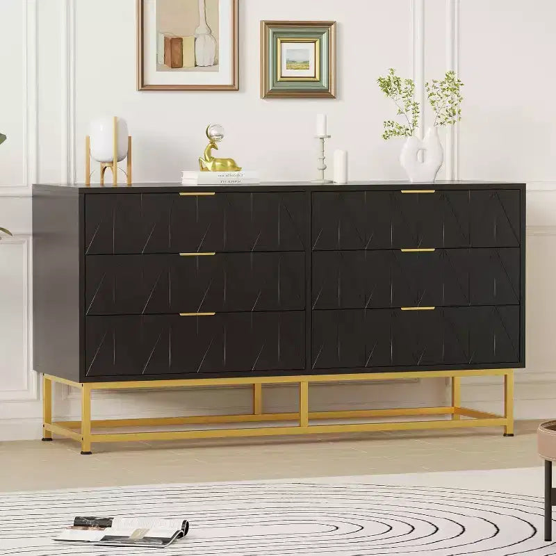 Commode à 6 tiroirs avec grand rangement, Organisateur de commode en bois avec pieds en métal, Commodes et chiffonniers pour Chambre, Salon, Couloir
