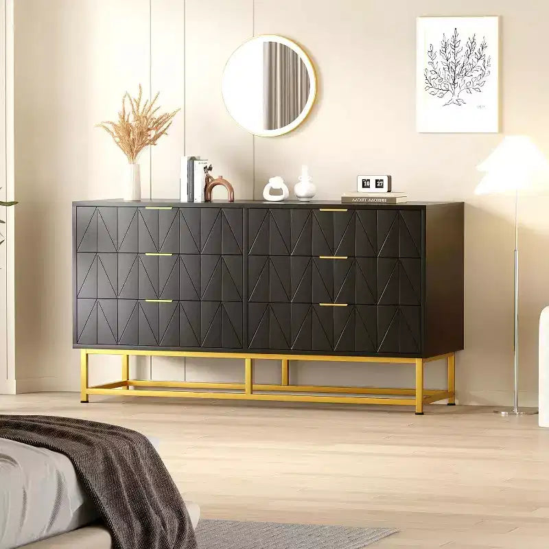 Commode à 6 tiroirs avec grand rangement, Organisateur de commode en bois avec pieds en métal, Commodes et chiffonniers pour Chambre, Salon, Couloir