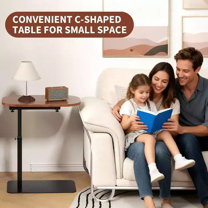 Table d'appoint en C, hauteur réglable 40-80 cm, plateau rotatif, fer et MDF