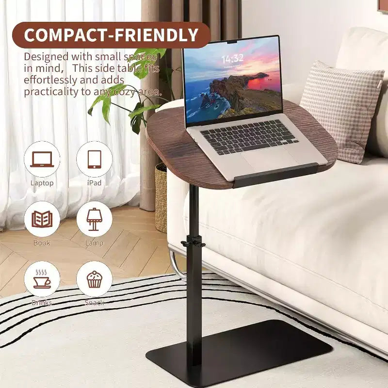 Table d'appoint en C, hauteur réglable 40-80 cm, plateau rotatif, fer et MDF