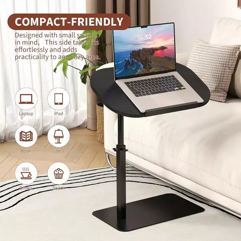 Table d'appoint en C, hauteur réglable 40-80 cm, plateau rotatif, fer et MDF