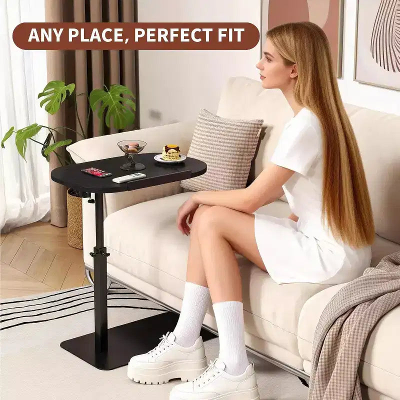 Table d'appoint en C, hauteur réglable 40-80 cm, plateau rotatif, fer et MDF