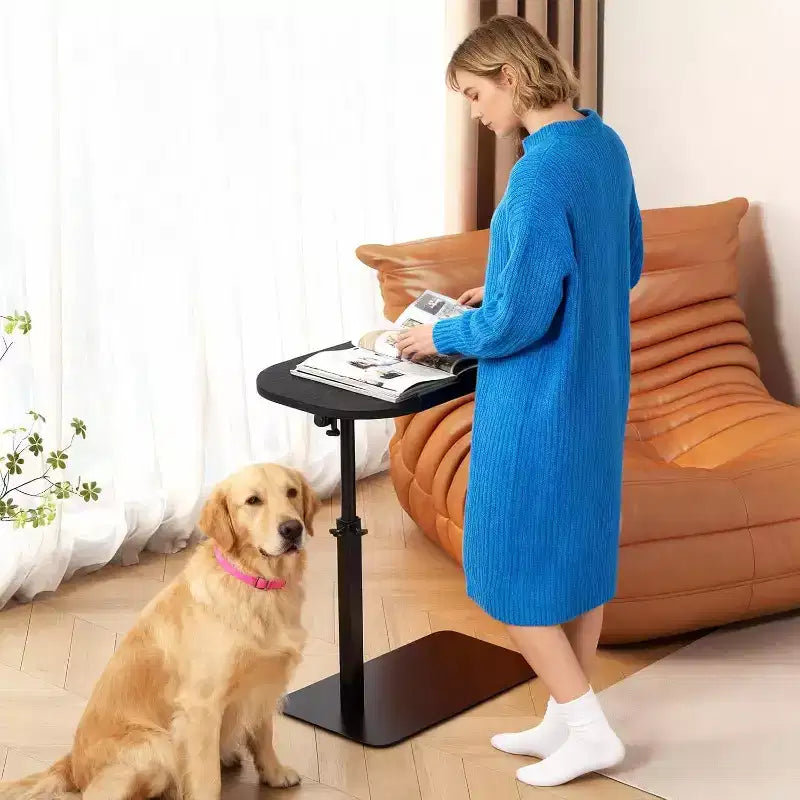 Table d'appoint en C, hauteur réglable 40-80 cm, plateau rotatif, fer et MDF