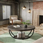 Table basse ronde à 2 niveaux en bois, cadre en acier à 6 arcs, 80 cm de diamètre x 45 cm de hauteur, marron/noir