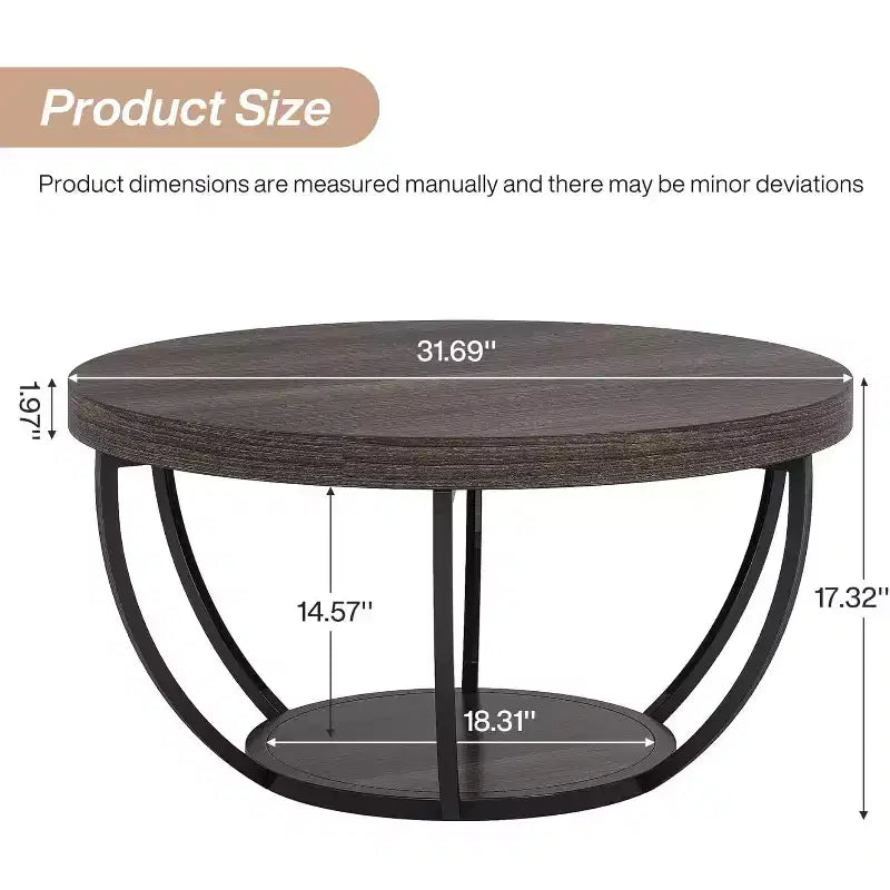 Table basse ronde à 2 niveaux en bois, cadre en acier à 6 arcs, 80 cm de diamètre x 45 cm de hauteur, marron/noir