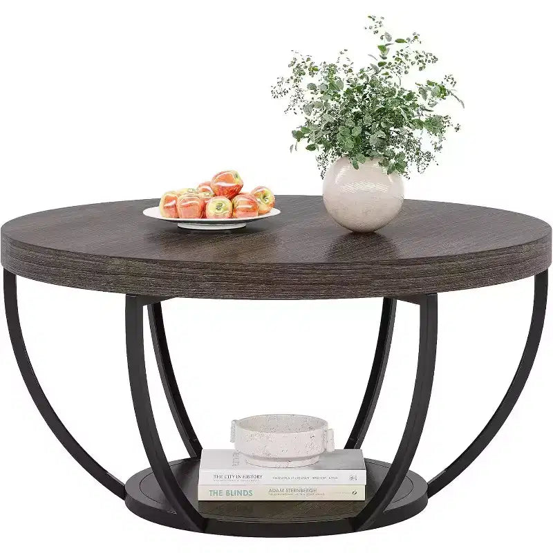 Table basse ronde à 2 niveaux en bois, cadre en acier à 6 arcs, 80 cm de diamètre x 45 cm de hauteur, marron/noir