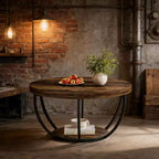 Table basse ronde à 2 niveaux en bois, cadre en acier à 6 arcs, 80 cm de diamètre x 45 cm de hauteur, marron/noir