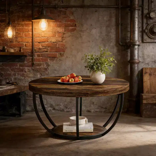 Table basse ronde à 2 niveaux en bois, cadre en acier à 6 arcs, 80 cm de diamètre x 45 cm de hauteur, marron/noir