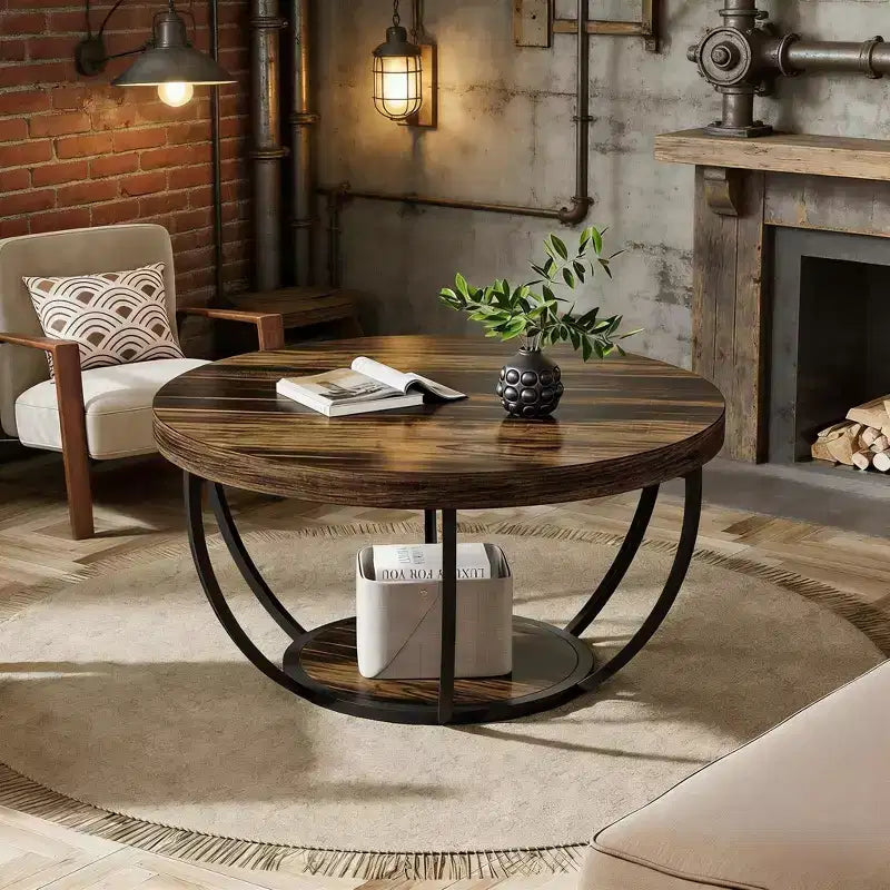 Table basse ronde à 2 niveaux en bois, cadre en acier à 6 arcs, 80 cm de diamètre x 45 cm de hauteur, marron/noir