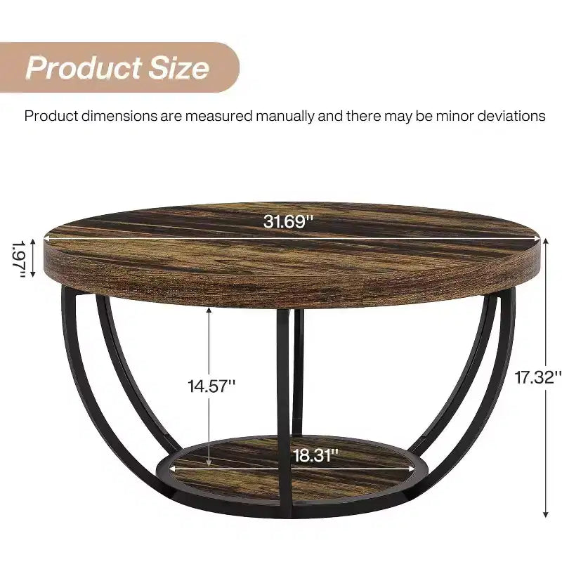 Table basse ronde à 2 niveaux en bois, cadre en acier à 6 arcs, 80 cm de diamètre x 45 cm de hauteur, marron/noir