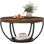 Table basse ronde à 2 niveaux en bois, cadre en acier à 6 arcs, 80 cm de diamètre x 45 cm de hauteur, marron/noir