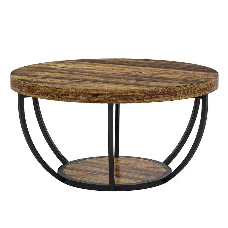 Table basse ronde à 2 niveaux en bois, cadre en acier à 6 arcs, 80 cm de diamètre x 45 cm de hauteur, marron/noir