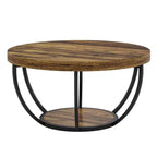 Table basse ronde à 2 niveaux en bois, cadre en acier à 6 arcs, 80 cm de diamètre x 45 cm de hauteur, marron/noir