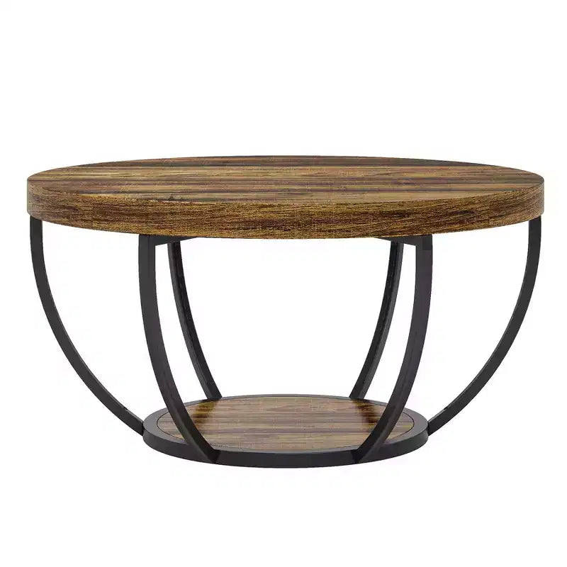 Table basse ronde à 2 niveaux en bois, cadre en acier à 6 arcs, 80 cm de diamètre x 45 cm de hauteur, marron/noir