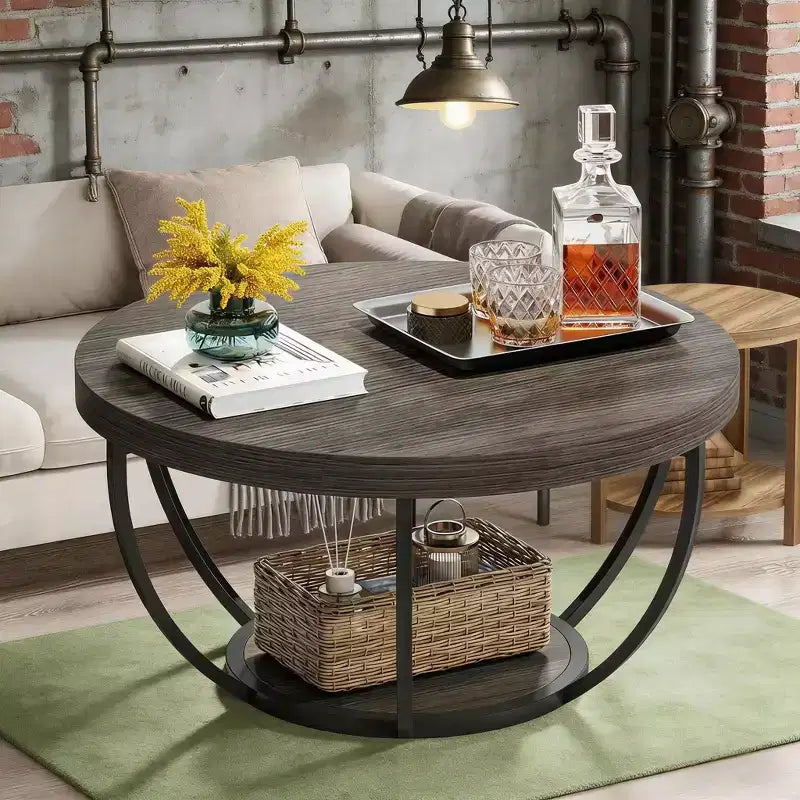Table basse ronde à 2 niveaux en bois, cadre en acier à 6 arcs, 80 cm de diamètre x 45 cm de hauteur, marron/noir