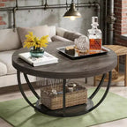 Table basse ronde à 2 niveaux en bois, cadre en acier à 6 arcs, 80 cm de diamètre x 45 cm de hauteur, marron/noir