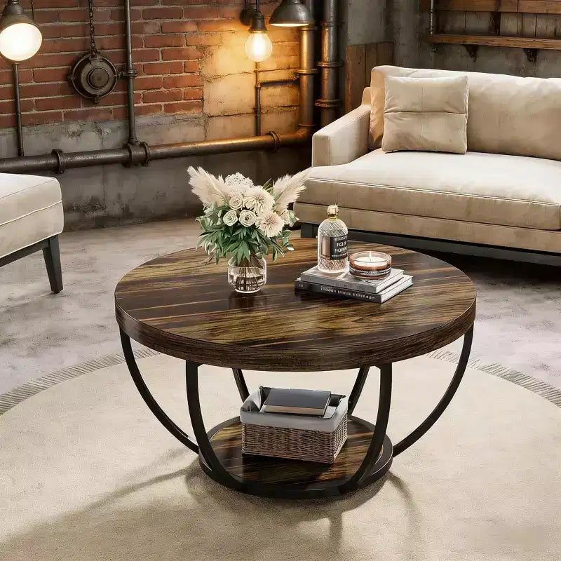 Wooden Coffee Table, 2-Tier Round Central Cocktail Table with Shelves