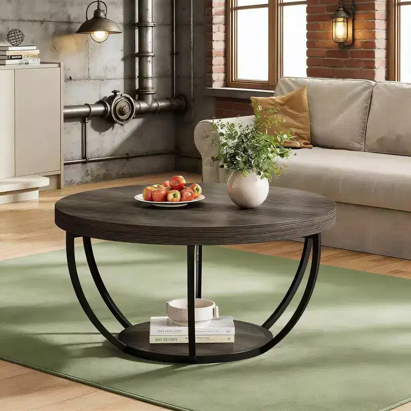 Table basse ronde à 2 niveaux en bois, cadre en acier à 6 arcs, 80 cm de diamètre x 45 cm de hauteur, marron/noir