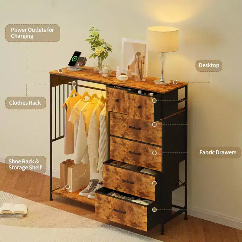 Commode 6 tiroirs avec tringle, station de recharge, lumières LED et range-chaussures, hauteur 125 cm