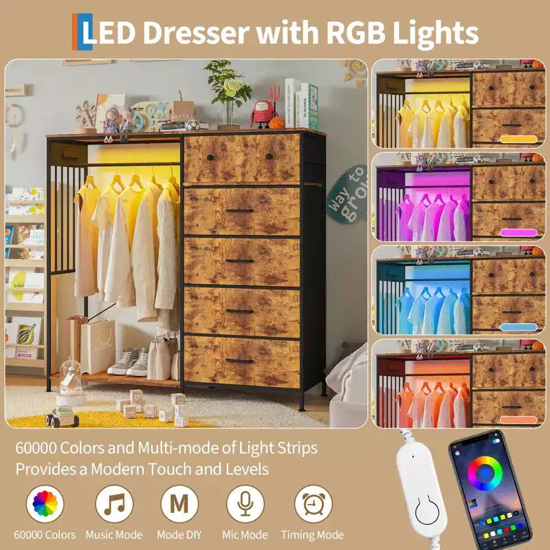 Commode 6 tiroirs avec tringle, station de recharge, lumières LED et range-chaussures, hauteur 125 cm