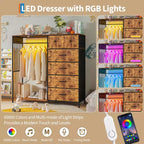 Commode 6 tiroirs avec tringle, station de recharge, lumières LED et range-chaussures, hauteur 125 cm