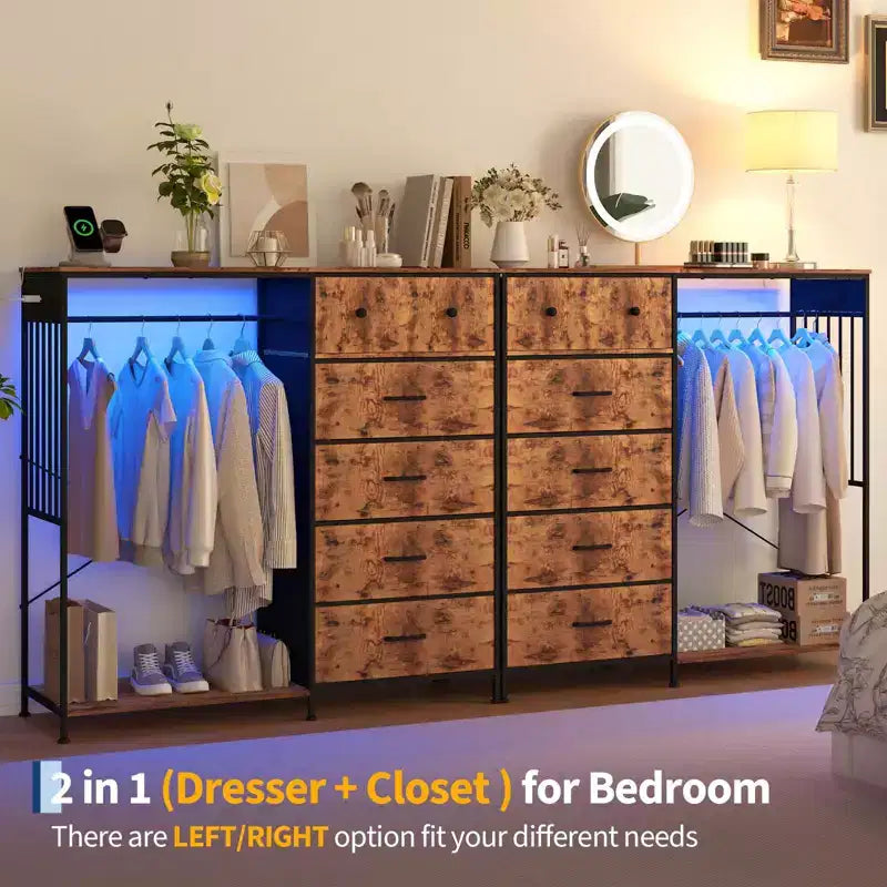 Commode 6 tiroirs avec tringle, station de recharge, lumières LED et range-chaussures, hauteur 125 cm