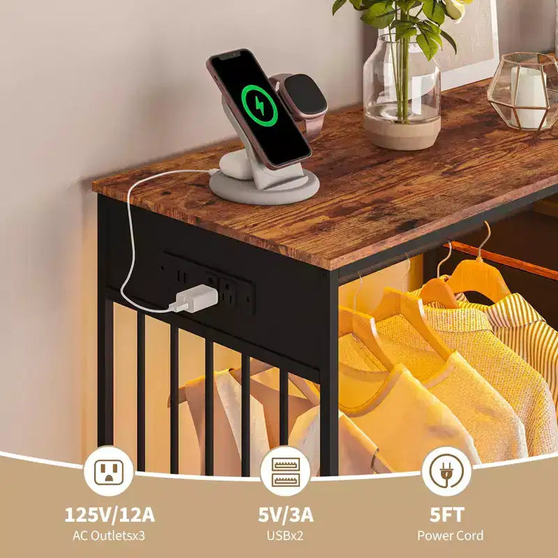 Commode 6 tiroirs avec tringle, station de recharge, lumières LED et range-chaussures, hauteur 125 cm