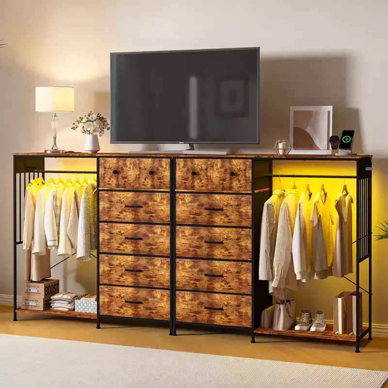 Commode 6 tiroirs avec tringle, station de recharge, lumières LED et range-chaussures, hauteur 125 cm