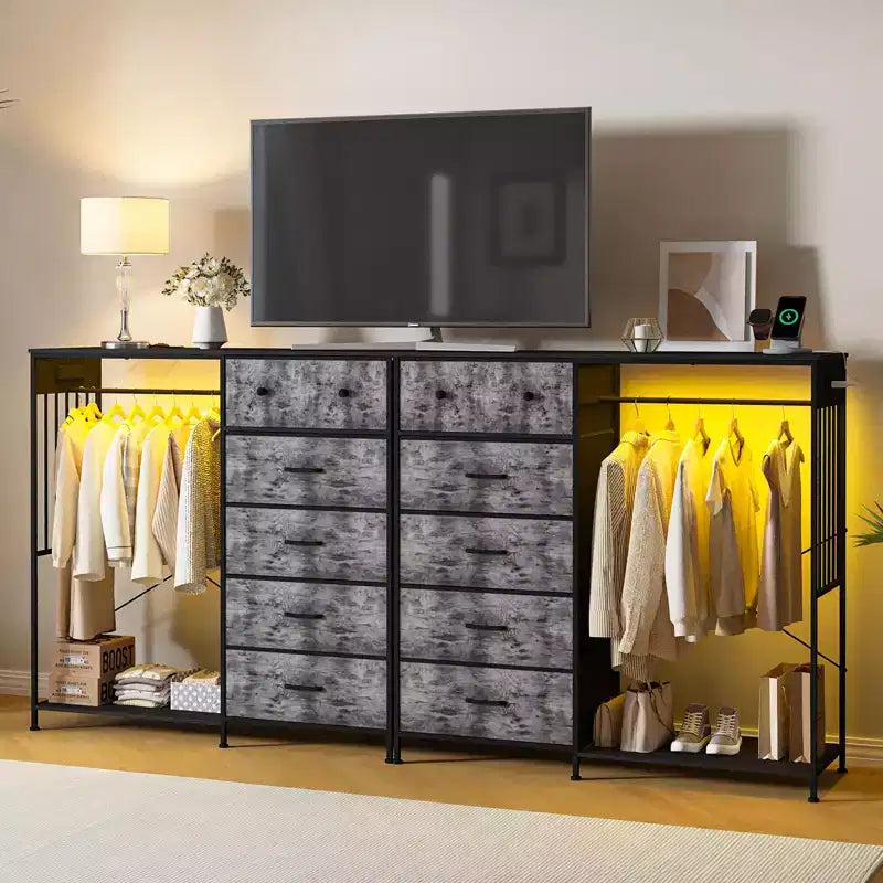 Commode 6 tiroirs avec tringle, station de recharge, lumières LED et range-chaussures, hauteur 125 cm