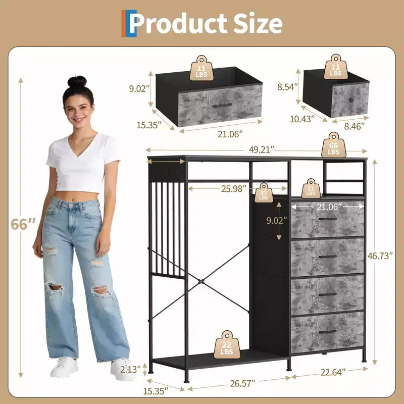 Commode 6 tiroirs avec tringle, station de recharge, lumières LED et range-chaussures, hauteur 125 cm