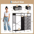 Commode 6 tiroirs avec tringle, station de recharge, lumières LED et range-chaussures, hauteur 125 cm