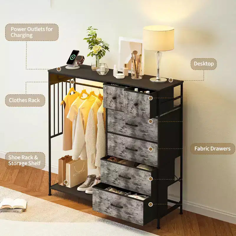 Commode 6 tiroirs avec tringle, station de recharge, lumières LED et range-chaussures, hauteur 125 cm