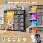 Commode 6 tiroirs avec tringle, station de recharge, lumières LED et range-chaussures, hauteur 125 cm