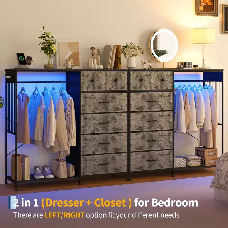Commode 6 tiroirs avec tringle, station de recharge, lumières LED et range-chaussures, hauteur 125 cm