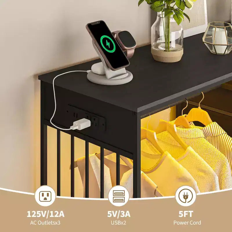 Commode 6 tiroirs avec tringle, station de recharge, lumières LED et range-chaussures, hauteur 125 cm