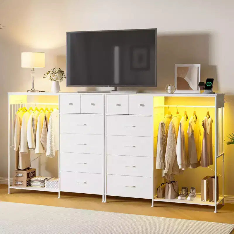 Commode 6 tiroirs avec tringle, station de recharge, lumières LED et range-chaussures, hauteur 125 cm