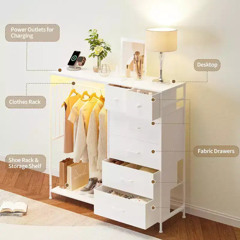 Commode 6 tiroirs avec tringle, station de recharge, lumières LED et range-chaussures, hauteur 125 cm