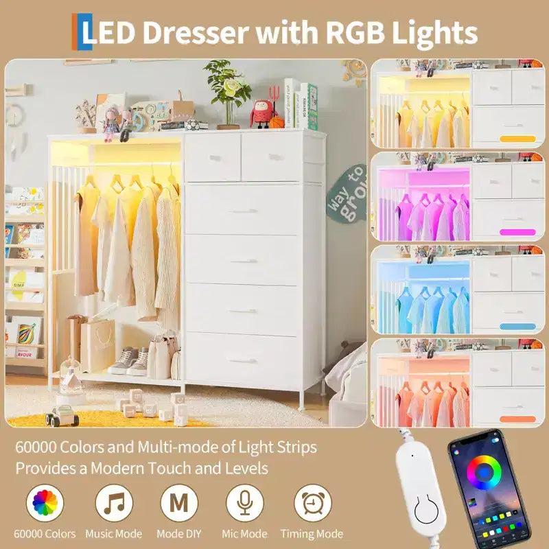 Commode 6 tiroirs avec tringle, station de recharge, lumières LED et range-chaussures, hauteur 125 cm