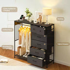Commode 6 tiroirs avec tringle, station de recharge, lumières LED et range-chaussures, hauteur 125 cm