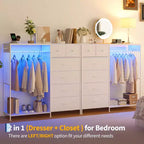 Commode 6 tiroirs avec tringle, station de recharge, lumières LED et range-chaussures, hauteur 125 cm